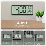 JALL 14.5" Large Digital Wall Clock Alarm, with Big LCD Screen Dispaly, Auto DST, Temperature for Living Room, Bedroom, Desk Decor, Mounted, Gift for Elderly, Black