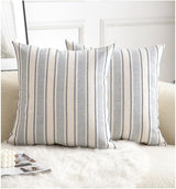 Cethom Decorative Boho Throw Pillow Covers, Farmhouse Textured Pillow Case, 18 x 18 Inch Set of 2, Chair Sofa Bedroom Living Room Home Decor Couch Cushion Case, Classic Blue and Beige Striped