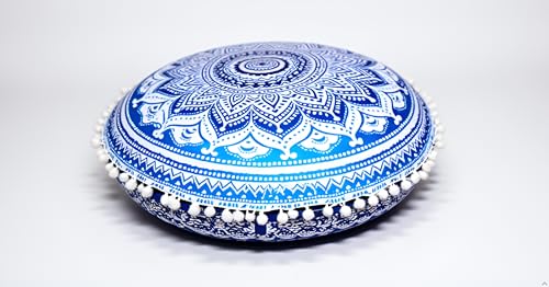 CRAFT KALA 32" Large Round Bohemian Floor Pillow Cover Boho Pouf Cover Mandala Meditation Room Pillows Cover Adults Seating Poufs Cushion Cover for Kids Reading Playroom Blue Ombre