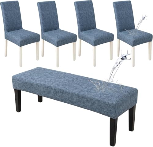 HAOYONG Waterproof Dining Room Chair Cover Set Chair Slipcover Washable Parsons Chair Slipcover Removable Seat Protector for Dining Room Hotel Restaurant - 4 PCS Chair Cover+1 PC Bench Cover