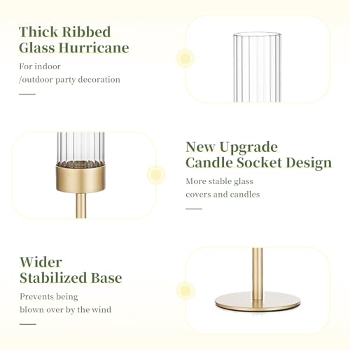 Gold Hurricane Taper Candle Holders: Glasseam 3Pcs Brass Candlestick Holders with Ribbed Glass Cylinder Cover Fluted Tall Candle Sticks Holder Decor for Table Centerpiece Wedding Christmas Decorations