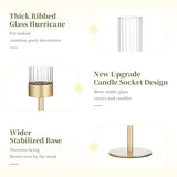 Gold Hurricane Taper Candle Holders: Glasseam 3Pcs Brass Candlestick Holders with Ribbed Glass Cylinder Cover Fluted Tall Candle Sticks Holder Decor for Table Centerpiece Wedding Christmas Decorations