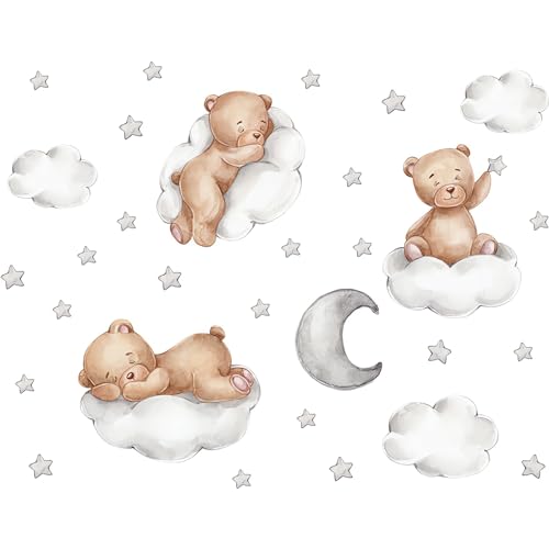 Cute Brown Sleeping Baby Bear Wall Stickers, sacinora Moon and Stars DIY Art Wall Decals Removable Vinyl Peel and Stick for Kids Baby Nursery Bedroom Toddler Room Kindergarten Decorations