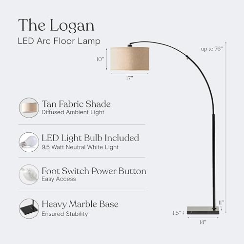 Brightech Logan Arc Floor Lamp, Bright Standing Lamp for Living Rooms, Offices & Bedrooms, Modern Living Room Décor, Tall Hanging Floor Lamp for Reading and More – Black