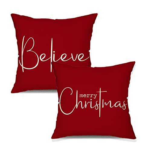 DFXSZ Christmas Throw Pillow Covers 18x18 Inch Set of 2 Merry Christmas Farmhouse Decorations Believe Holiday Decor Throw Cushion Case for Home Couch