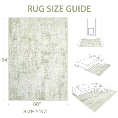 Area Rugs 5x7 Living Room: Washable Rug Modern Abstract Rugs Soft Non Slip Neutral Rug Stain Resistant Indoor Carpet for Bedroom Kitchen Dining Room Nursery Home Office Rugs(Green Brown,5'x7')