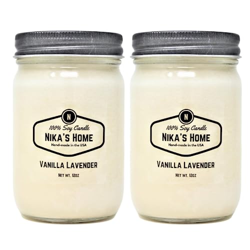 Nika's Home Vanilla Lavender 12oz Mason Jar Soy Candles - 2 Pack - Hand Poured Handmade, Long Burning 50-60 Hours Highly Scented All Natural, Clean Burning Large Candle Gift Home Décor