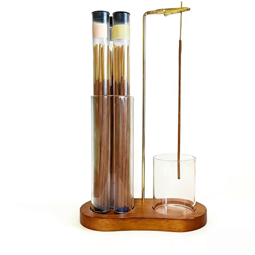 Glass Incense Holder, Incense Sticks Burner Holder with Storage,Hang Upside Down Incense Holder for Sticks with Glass Ash Catcher for Meditation Yoga Spa Room Decor (Retro Color)