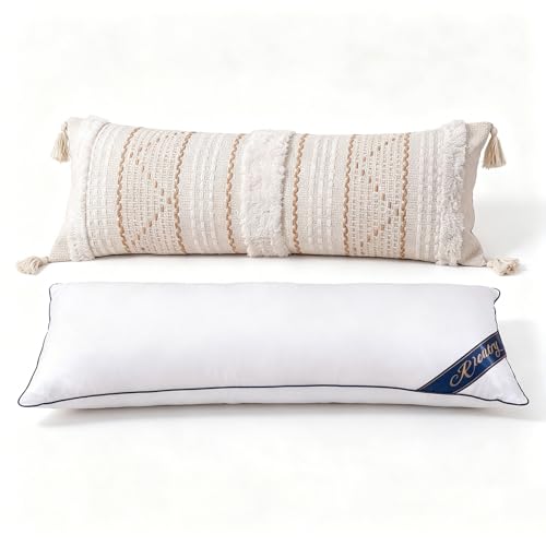 Bundle - 2 Piece 14x36 Lumbar Pillow Set: Boho Tufted Tassel Pillow Cover (Cream Beige) + Premium Memory Foam Throw Pillow Insert (White) for Bed, Couch, Sofa, Modern Farmhouse Decor