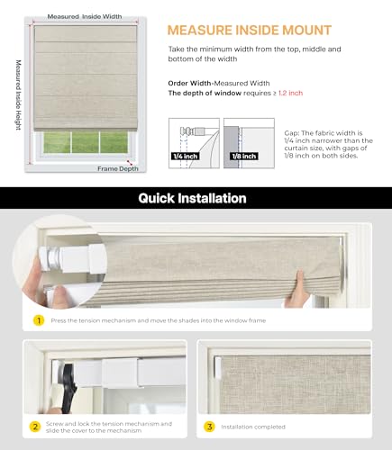 LazBlinds No Tools No Drill Cordless Roman Shades for Windows, Blackout Thermal Insulated UV Blocking Window Blinds, Lightweight Fabric Blinds for Indoor Windows, 34.5" W x 48" H, Blackout - White
