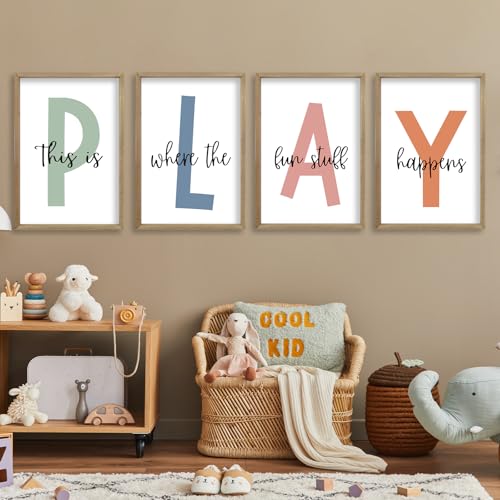 This Is Where The Fun Stuff Happens Kids Playroom Wall Art 11x16 Inch Set Of 4 Rustic Kids Wood Framed Boy Sign Toddler Modren Nursery Interesting Let's Play Prints Wall Hang Decor (Wood)
