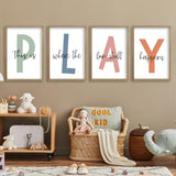 This Is Where The Fun Stuff Happens Kids Playroom Wall Art 11x16 Inch Set Of 4 Rustic Kids Wood Framed Boy Sign Toddler Modren Nursery Interesting Let's Play Prints Wall Hang Decor (Wood)