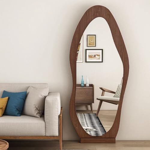 Irregular Full Length Mirror, 63" x 24" Floor or Wall Mounted, Hanging or Leaning Against Wall for Bedroom, Living Room Full Body, Brown