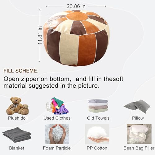 Louis Donné UNSTUFFED Pouf Ottoman Cover, Faux Leather Foot Stool for Foot Rest, Moroccan Style Pouffe Ottomans, 21" Round Handmade Small Bean Bag Covers for Storage, Footstools for Living Room
