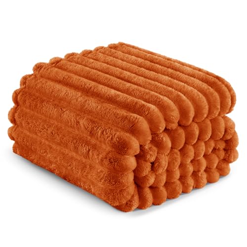 Exclusivo Mezcla Fleece Throw Blanket for Couch, Super Soft Striped Jacquard Bed Blanket, Lightweight Fuzzy Cozy for All Seasons, 50x60 Inches, Burnt Orange