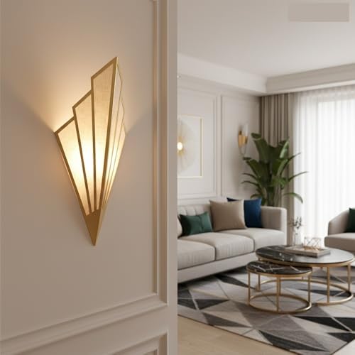 Modern Art Deco Wall Sconce, Iron Fan Shaped Wall Light Fixture, Minimalist Linen Fabric Sconce with Metal Accents, Hardwired Wall Lamp for Bedroom Living Room Hallway Corridor Parlor(Gold)