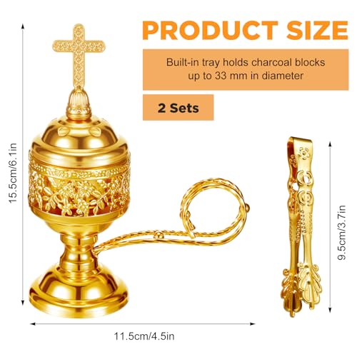 Zonon 2 Sets Incense Burner with Tong, Frankincense Charcoal Incense Stand Holder, Ideal for Yoga, Spa, Aromatherapy, Home and Christian Church Censer (Gold,Classic)
