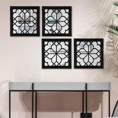 ZEXUIRU 4 Set Rustic Wall Mirrors for Bedroom Bathroom Living Room Entryway Wood Farmhouse Square Easy to Hang Framed Decorative Accent Hanging Wall-Mounted Mirror Set for Living Room - Black