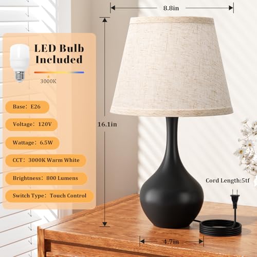 Seealle 16.1" Touch Table Lamps for Nightstand, 3-Way Dimmable Small Bedroom Lamps for Night Stands, Black Bedside Lamps for Living Room, Kids Room, End Table