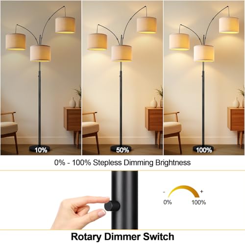 Dimmable 3 Lights Floor Lamp - 3000LM Super Bright Arc Floor Lamps for Living Room, Modern Tall Standing Lamp With Beige Shades, Mid Century Tree Floor Lamp for Bedroom Office, 3 LED Bulbs Included
