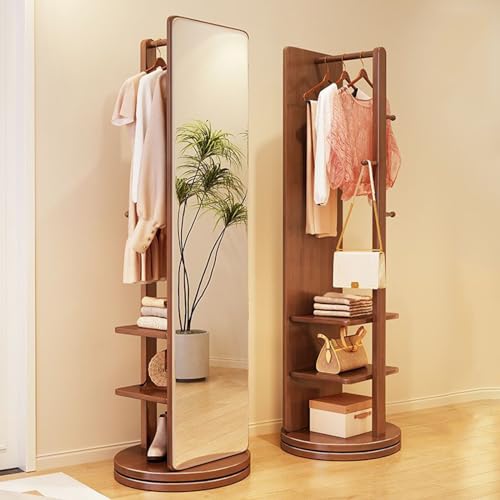 Floor-Standing Solid Wood Rotating Coat Rack，360° Rotating Full Length Mirror with Coat Rack - 2-in-1 Wood Floor Mirrors and Coat Rack for Living Room, Bedroom, Cloakroom Mirror