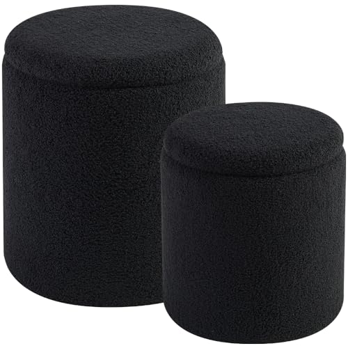 Set of 2 Round Storage Ottoman, Black Boucle Ottoman with Storage