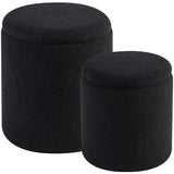 Set of 2 Round Storage Ottoman, Black Boucle Ottoman with Storage