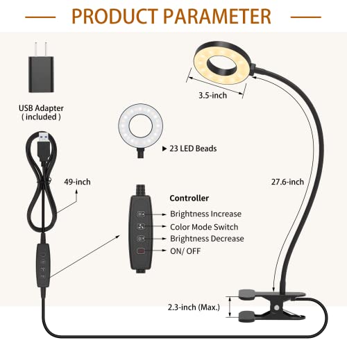 Desk Lamp, LED Reading Light with Clamp, 3 Color Modes & 10 Brightness Flexible Arm Book Light for Kids Reading Book in Bed at Night Clip on Table, Computer, Zoom Meetings - 27.6‘’ Black