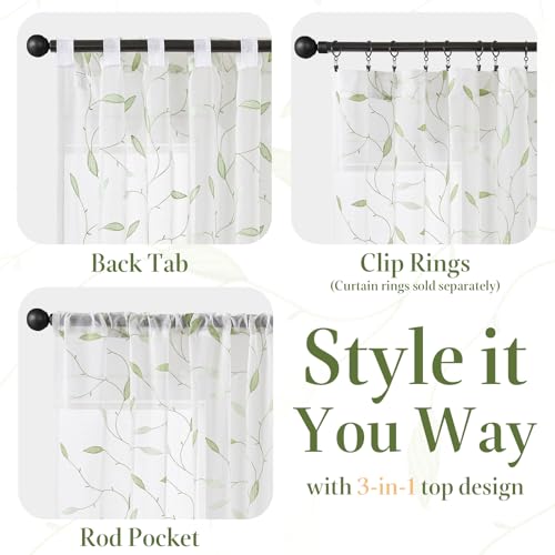 Lazzzy Sheer Curtains Embroidered Floral Leaf Voile Drapes for Bedroom Living Room Back Tabs Window Treatments 2 Panels 84 Inches Green on White