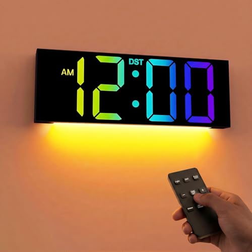 JALL 12" Large Digital Wall Clock, Big LED Number Dispaly, Remote Control, RGB Colors, DST with Light for Classroom Living Room Bedroom for Senior, Men Women