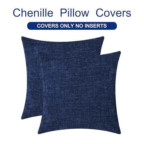 CaliTime Throw Pillow Covers Decorative 18 X 18 Inches Pack of 2 Cozy Chenille Cushion Cases for Couch Sofa Bed Living Room Home Navy Blue