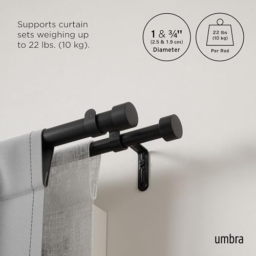 Umbra Cappa Double Curtain Rod, Includes 2 Matching Finials, Brackets & Hardware, 66 to 120-Inch, Black
