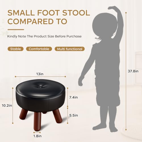 13in Small Round Foot Stool, Faux Leather Footrest, Black Footstool Ottoman