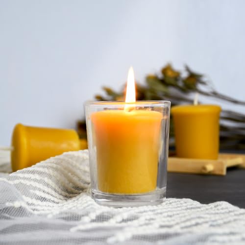 Pure Beeswax Votive Candles-6 Pack Natural Votives Set in Glass Jar for Home Room Decor Party Wedding Spa Gift,12 Hours Burn