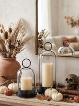 5"&4" Metal Candle Holder with Handmade Glass Dome in Brass & 2 Timer Candles, Set of 2 Versatile Hurricane Glass Candle Holders for Pillar Candles & Plants