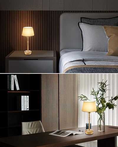 Cordless Lamp Rechargeable Table Lamps, 5000mAh Battery Operated Lights, 3 Level Brightness Dimmable, Portable Night Bedside Light for Patio, Restaurant, Dining, Fabric Shade, Antique Brass