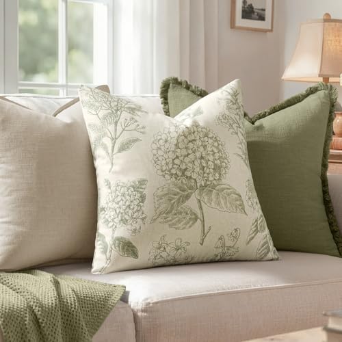 Set of 2 Decorative Floral Pillow Covers 20x20 Inch Sage Green