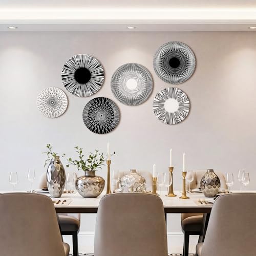 Hicarer Set of 6 Black and White Plate Wall Decor Minimalist Ceramic Plate Wall Art with W-shaped Invisible Hooks & Silver Nails, Multi-use Dinner Plates for Home Office Art & Dining