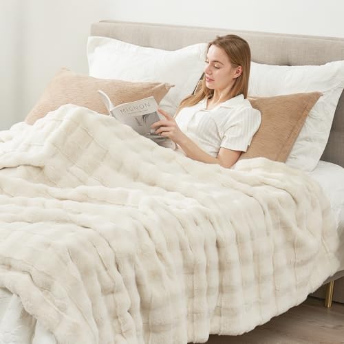 Cozy Bliss Fluffy Faux Fur Throw Blanket for Couch,Warm Cozy Soft Cream White Throw Blankets for Sofa Bed Living Room,60x80 Inches