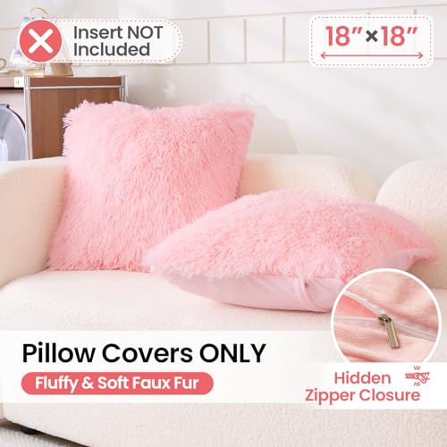 Faux Fur Pink Throw Pillow Covers, Fluffy Soft Fuzzy Decorative Pillow Cases Cute Pillowcases for Home Bedroom Living Room, Zipper Closure, Set of 2 (Pink, 18"x 18")