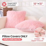 Faux Fur Pink Throw Pillow Covers, Fluffy Soft Fuzzy Decorative Pillow Cases Cute Pillowcases for Home Bedroom Living Room, Zipper Closure, Set of 2 (Pink, 18"x 18")