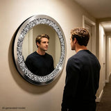 28 Inch Crushed Diamond Round Glass Wall Mirror, Bathroom Mirror, Wall Decoration Hanging Mirror, Suitable for Living Room, Bedroom, Vanity
