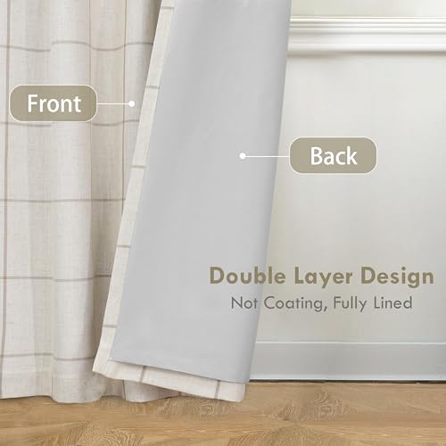 DriftAway 100% Blackout Windowpane Plaid Linen Curtains Double Layer Farmhouse Drapes 84 Inches Long for Living Room Bedroom Yarn Dyed Woven Thermal Insulated Rod Pocket Back Tab 2 Panels Taupe