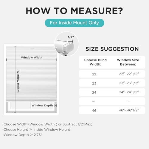 Joydeco No Tools No Drill Blinds for Indoor Windows, Cordless Window Blinds Cellular Shades Top Down Bottom Up Blackout Honeycomb Blinds Thermal Insulated Noise Reduction (White, 34.5" W x 64" H)