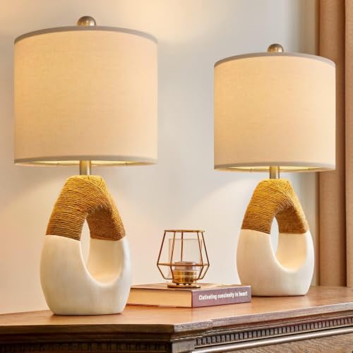 19'' Small Boho Table Lamps for Bedroom Set of 2, Farmhouse Rattan Bedroom Lamps for Living Room Rustic Home Decor, Nightstand Bedside Lamps for Sofa Table Entry Way, Suitable for Small Places
