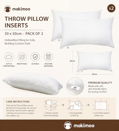 Throw Pillow Inserts 30 x 50cm (12" x 20"), Cushion Inserts, Hollowfibre Filling for Sofa, Bedding Cushion Pads (Pack of 2)