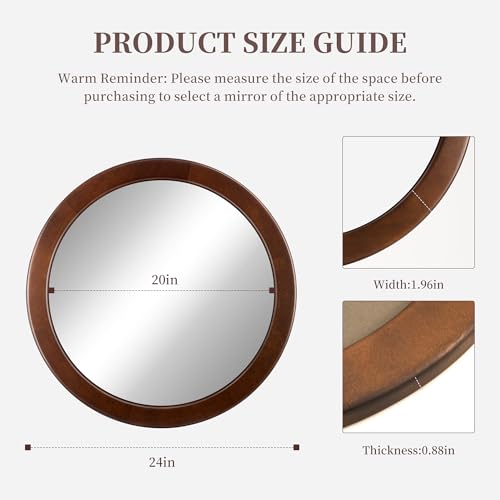 CULER Round Wood Mirror 24 Inch,Circle Mirror with Walnut Frame for Wall,Rustic Decorative Round Wall Mirror for Bathroom Bedroom Entryway（Walnut Brown）