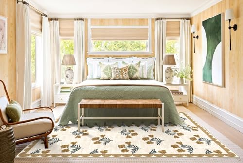 Beige 6x9 Washable Nursery Rug - Boho Floral Scalloped Farmhouse Area Rug for Living Room Stain Resistant Dining Room Rugs for Under Table Non Slip Soft Carpet Rugs for Bedroom Foyer Decor