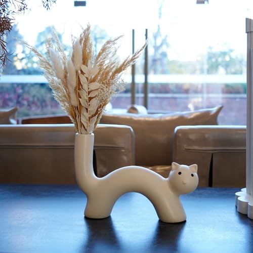 Natural Pampas Grass Dry Flower Bouquet with Boho Decorative Cute Cat Shaped Ceramic Vase for Living Room Bookshelf Dining, Modern European Minimalist Decor, Brown Pampas Bouquet and White Vase