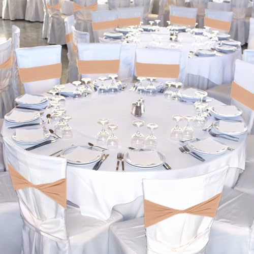 Kinlop 50 Pcs Spandex Chair Sashes Bows Chair Bands Slider Sashes for Covers Elastic Bands Ties Without Buckle Decorations for Wedding Party Events Ceremony Birthday(Nude)